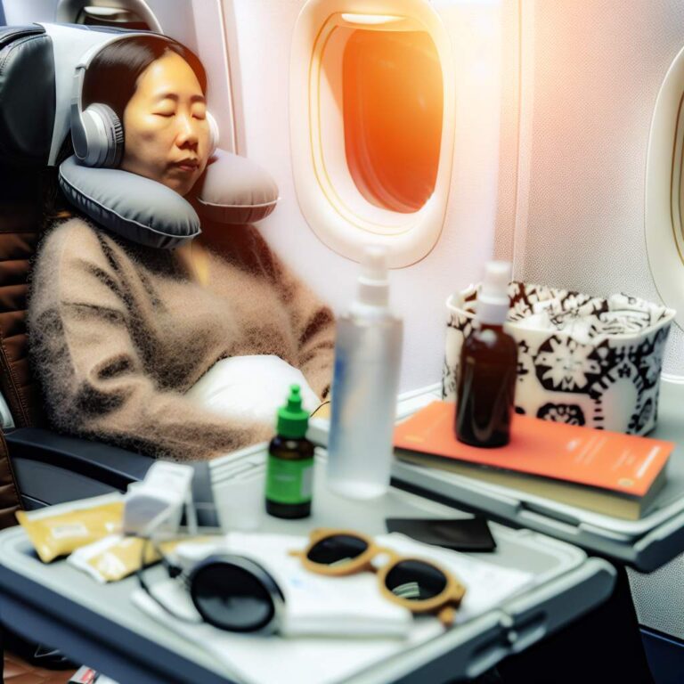 Passenger sleeping comfortably on a long-haul flight
